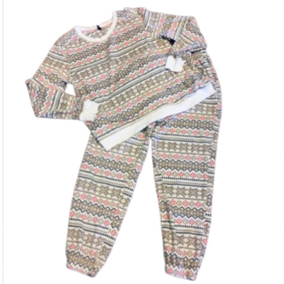 Kensie Other - Kenzie Pajama Set Fleece 2- Piece Pink & Tan Cream Lurex Metallic Thread Size M